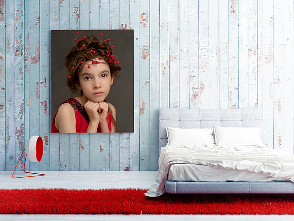 poster on blue wooden wall, bedroom 3d illustration