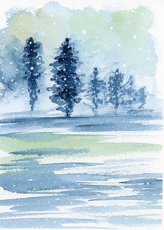 Winter Lake View -July 2019 Watercolor